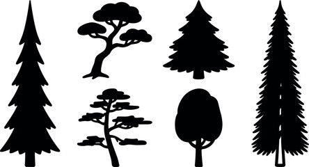 Naklejka premium Minimalist vector tree silhouettes showing tall fir spruce pine and rounded deciduous shapes in flat black side view center composition isolated
