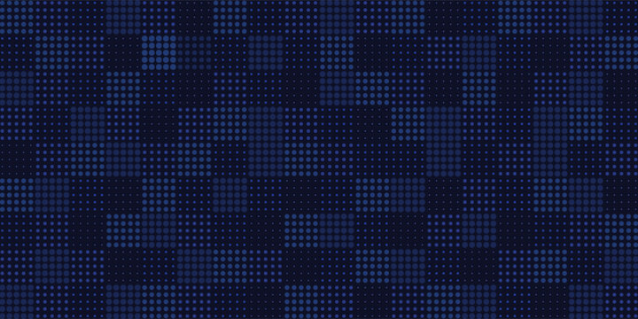 A dark blue pixelated background with a grid of small squares in various shades of blue