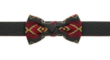 Elegant black waistband with a patterned bow, isolated on white background, featuring intricate red and yellow geometric designs
