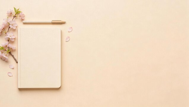 Spring Workspace Flat Lay with Notebook and Cherry Blossoms