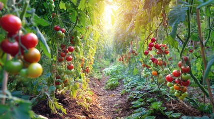 Fototapeta premium Lush Vegetable Garden Pathway with Ripe Red Tomatoes Under Soft Sunlight Illuminating Rows of Healthy Green Plants