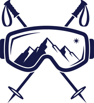Dark blue winter sports logo featuring ski goggles with mountain reflection and crossed ski poles on white background