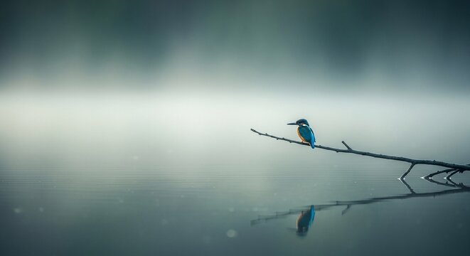 A solitary kingfisher perched on a branch over calm water.