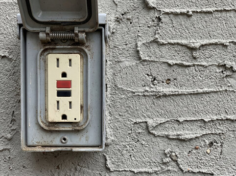 Outdoor GFCI electrical outlet on a textured stucco wall