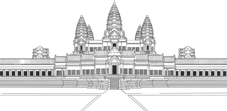 Black and white line art illustration of the Angkor Wat temple complex architectural landmark in Siem Reap Cambodia