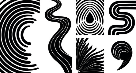 Fototapeta premium Line art vector set of abstract curved wave and fingerprint shapes close up black and white high contrast composition graphic