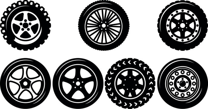 Vector wheel and tire icon set eight silhouettes close up top and bottom row studio white background black flat design