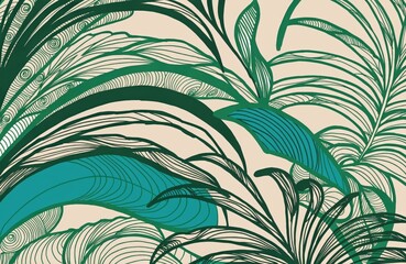 Abstract floral background. Beige wallpaper with tropical plants, leaf branches, palm leaves, and green lines. . High quality photo