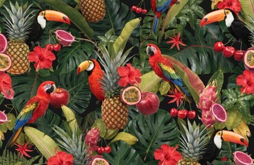 seamless pattern, birds, toucan, macaw, fruits . leaves , tropical, colorful print. High quality photo