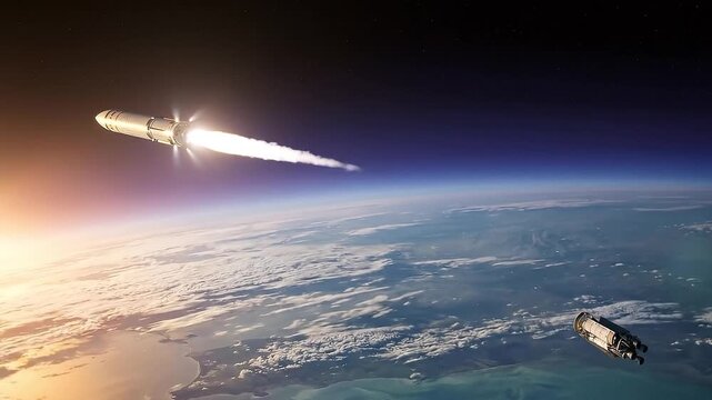 A powerful rocket launching into the Earth's orbit, leaving a fiery trail against the backdrop of a vibrant sunset and the planet's curvature.