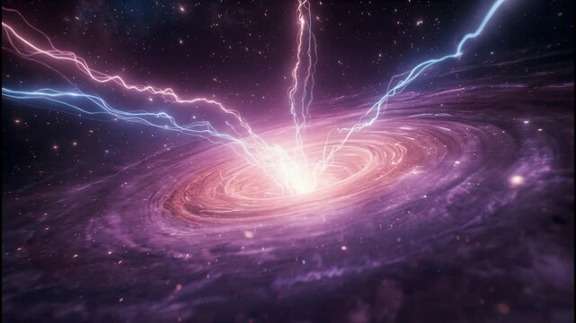Radiant purple accretion disk with electric beams, cosmic galaxy nebula vortex around black hole