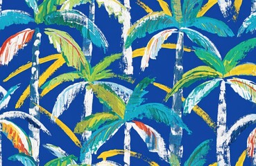 Palm tree with sun rays seamless pattern on a blue background for fabric, wallpaper, wrapping paper, and home textile design. High quality photo