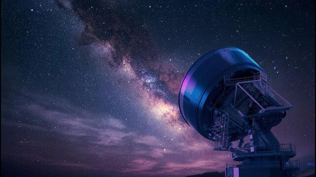 Milky Way arching over large radio telescope dish under violet night sky with stars and observatory