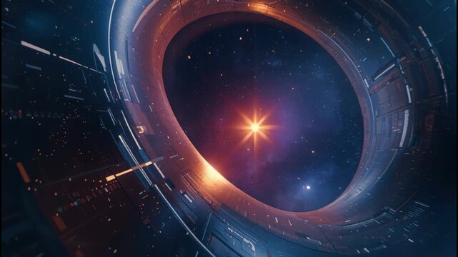 Orbiting space station ring framing distant sunburst starfield interior with bright star through