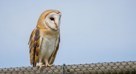 Barn Owl Perched on a Fence with a Clear Sky Background.