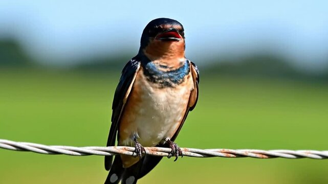 This vibrant wild bird, displaying striking blue, orange, and white feathers, is captured in a beautiful close-up as it perches gracefully on a rustic twisted wire. Its beak is slightly open, suggesti