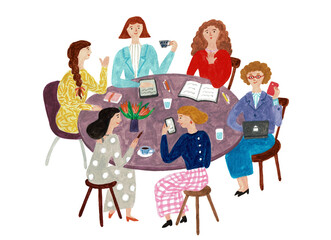 デジタルデバイスを活用して意見交換する女性チームの会議イラスト