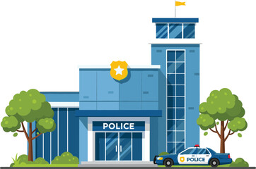 Modern flat vector illustration of a blue police station building with a patrol car parked outside and green trees © NURUL