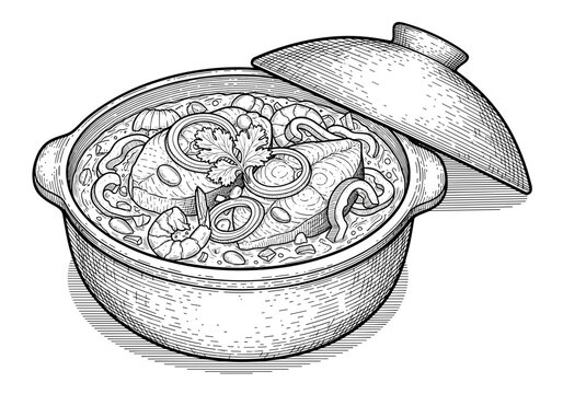 Detailed hand drawn sketch of Moqueca Brazilian fish stew in a traditional clay pot for ethnic cuisine menu and culinary illustration concept