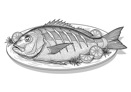 Detailed sketch of a whole red snapper fish on a plate with lemon and garnish for seafood restaurant menu and fresh catch concept
