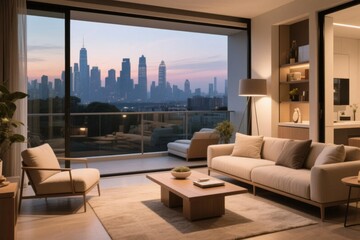 Fototapeta premium Modern living room with city skyline view at dusk