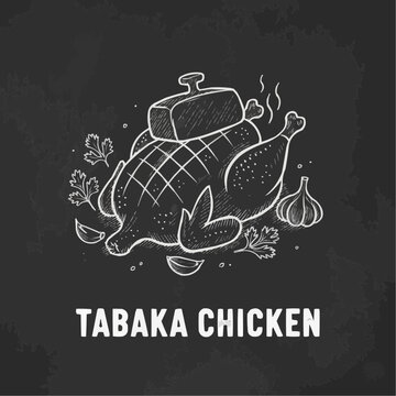 Tabaka Chicken dish illustration with herbs and spices on chalkboard background