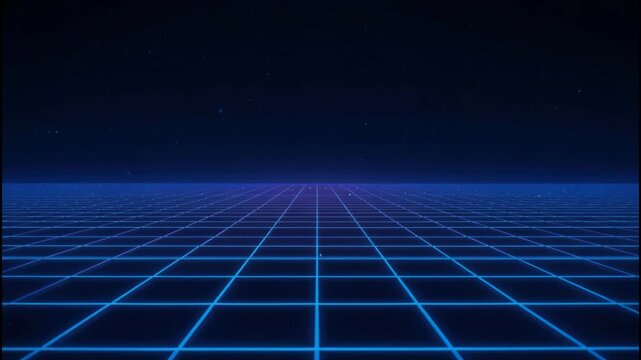 Neon grid horizon with starry sky retro futuristic glowing blue lines vanishing point perspective