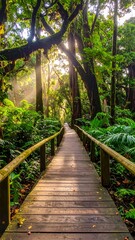 Fototapeta premium A wooden pathway through a lush, vibrant forest. Sunlight streams through the trees, creating an ethereal and serene atmosphere