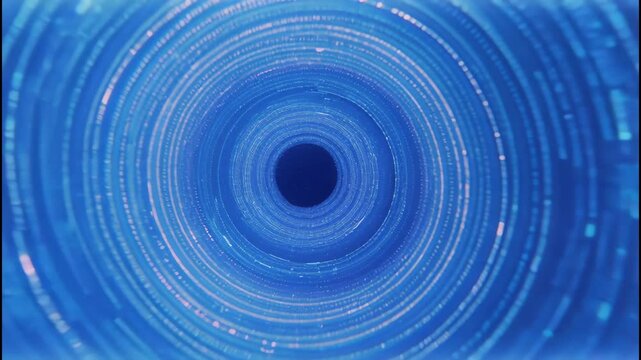 Blue digital tunnel vortex with glowing circular data rings conveying dynamic motion and depth