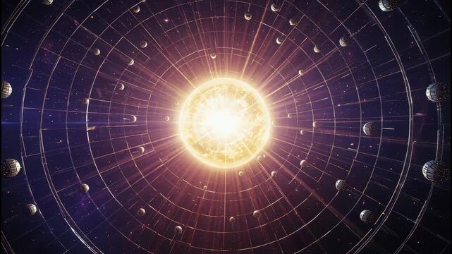 Radiant star center with concentric orbital rings and distant satellites creating cosmic grandeur