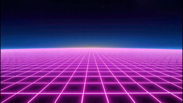 Neon grid horizon retro futuristic glowing magenta landscape with starry sky and horizon