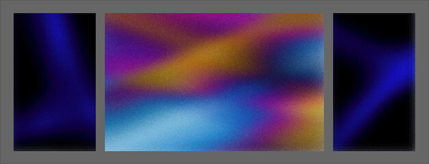Obraz premium A futuristic triptych of blue, purple, and orange gradients glows against a dark frame, offering a bold, dynamic abstract design ideal for tech branding and digital events.