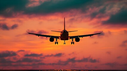 Silhouette of a commercial airplane taking off into a vibrant orange and pink sunset sky with scattered clouds.