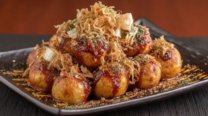 Deliciously Garnished Round Dumplings with Savory Sauce, Toppings, and Aromatic Spices on a Stylish Black Plate