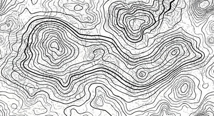 Carte topographique en noir et blanc montrant des lignes de contour représentant l'élévation du terrain et les caractéristiques géographiques.