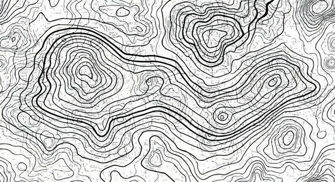 Carte topographique en noir et blanc montrant des lignes de contour repr&eacute;sentant l'&eacute;l&eacute;vation du terrain et les caract&eacute;ristiques g&eacute;ographiques.