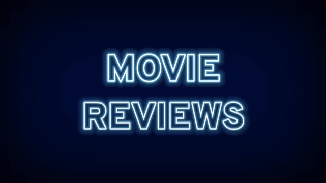 Movie reviews neon blue glowing text on dark background for film critics, cinema enthusiasts, and entertainment commentary video channels