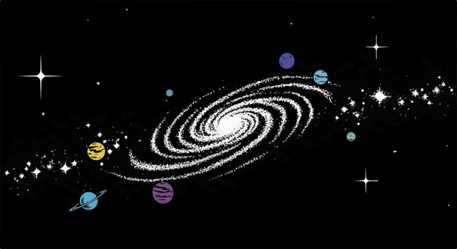 Une galaxie spirale brillante au centre d'un univers rempli d'&eacute;toiles et de plan&egrave;tes color&eacute;es.