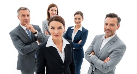 A group of five business professionals standing together, dressed in suits and ties, with arms crossed, looking directly at the camera. 