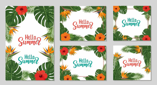 Cadre floral tropical avec texte "Hello Summer" pour cartes et invitations d'&eacute;t&eacute;.
