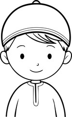 Obraz premium Smiling boy wearing traditional Muslim cap and kurta Black and white vector illustration 
