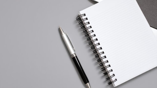 Clean and Minimalist Workspace with Blank Spiral Notebook, Black Pen, and Gray Background for Inspiring Creativity and Note Taking Productivity