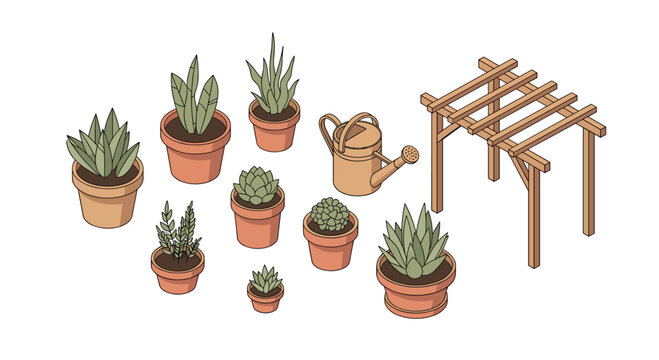 A charming isometric collection of nine potted green plants, a watering can, and a wooden pergola is neatly arranged on a white background.