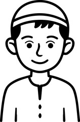Obraz premium Smiling boy wearing traditional Muslim cap and kurta Black and white vector illustration 