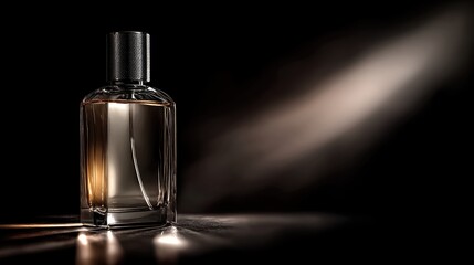 Naklejka premium Elegant glass perfume bottle with dark background and soft light highlighting its shape and design, evoking luxury and sophistication in fragrance presentation