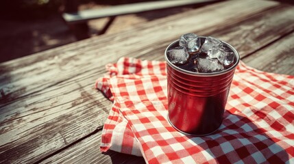 Refreshing Beverage in a Metal Container with Ice Cubes on a Rustic Wooden Table Decorated with a Red and White Checkered Cloth