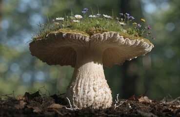 A mushroom whose cap resembles a miniature flowering meadow with grass and flowers. A microcosm on a stem. Earth Day. Surrealism.