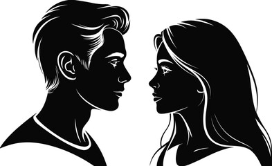 Romantic couple face to face silhouette portrait, young man and woman in profile, love relationship concept, black and white vector illustration isolated on light background © Moklesur