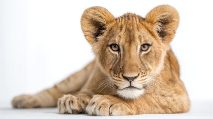 Obraz premium Captivating Portrait of a Young Lion Cub with Striking Eyes and Soft Fur Against a Clean White Background, Perfect for Wildlife and Nature Themes