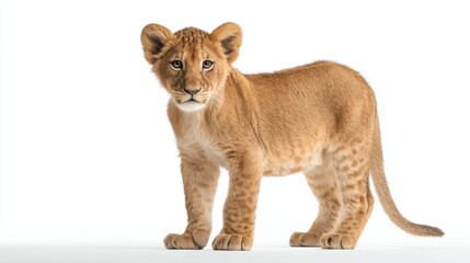 Obraz premium Adorable Young Lion Cub Showcasing Its Playful Nature Against a Clean White Background in a Stunning Studio Photograph Perfect for Animal Lovers and Wildlife Enthusiasts
